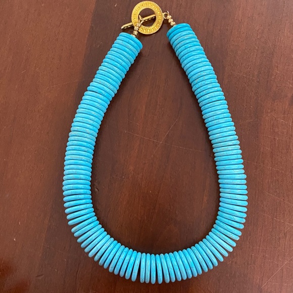 Turquoise Disc & Gold Necklace, 17in - Picture 1 of 6